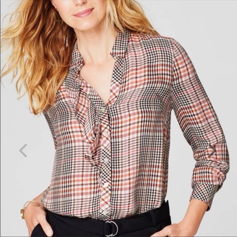 J. Jill Women’s Plaid Ruffle Placket Soft Button Down Blouse Size M E
